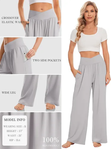 Vista 5 de TARSE Pantalones holgados casuales de pierna ancha para mujer, pantalones de yoga, cómodos, cruzados, de cintura alta, pantalones de pijama
