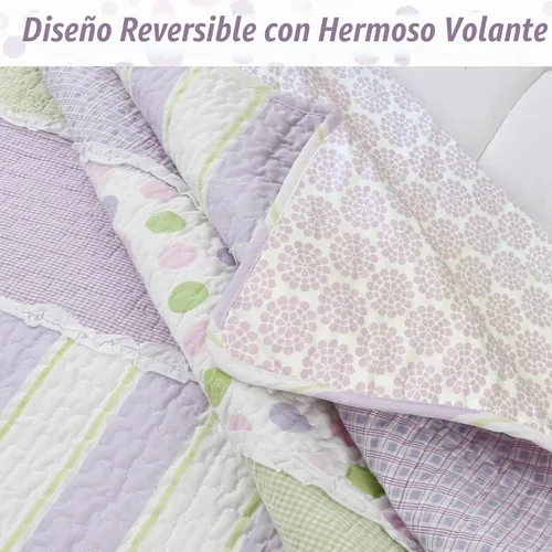 Vista 3 de Cozy Line - Juego de edredón de rayas verdes lavanda y puntos morados, 2 piezas, 100% algodón, reversible, para todas las estaciones, con fundas