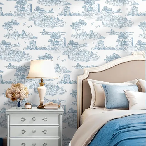 Vista 5 de WENMER Toile de Jouy - Papel de contacto Toile de Jouy, papel tapiz azul y blanco, papel adhesivo vintage de país francés para dormitorio, sala