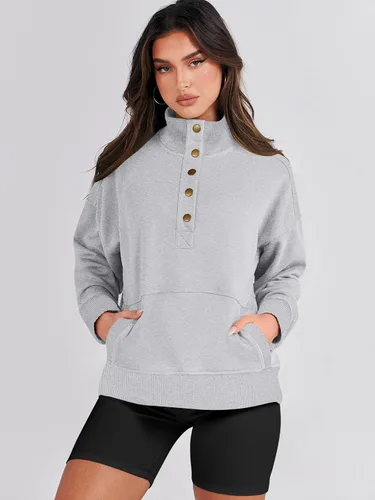 Vista 6 de ANRABESS Sudadera casual de manga larga para mujer, con botones, cuello en V, holgada, con bolsillos