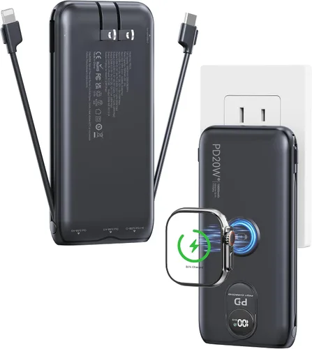 Vista 11 de Portable Charger 10000mAh 20W, Wall Plug, 2 Cables, iWatch Charging Digital Display, Compact Lightweight, USB C Fast Charge, USB-A 18W, Multi