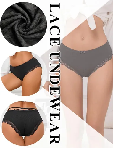 Vista 5 de Avidlove Ropa interior para mujer con ribete de encaje, calzoncillos clásicos con espalda cruzada, 4 paquetes
