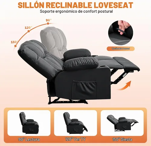 Vista 5 de HRVEOCEI Sofá reclinable de cuero negro con masaje/calor, sofá reclinable