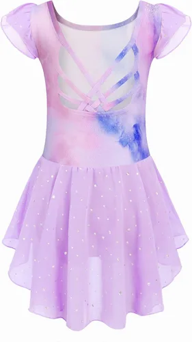 Vista 10 de Arshiner - Malla de ballet con mangas de volantes brillantes y falda con espalda cruzada para niñas Floral rosa aguamarina