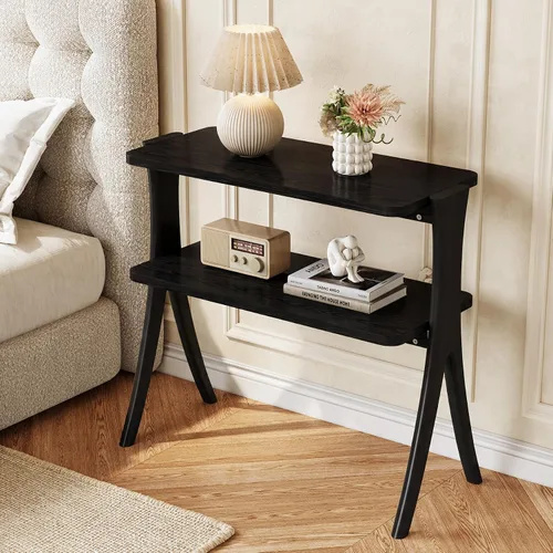 Vista 5 de LITTLE TREE Mesa auxiliar con patas de madera maciza, mesa auxiliar estrecha pequeña de 2 niveles, mesa de granja que ahorra espacio para sala