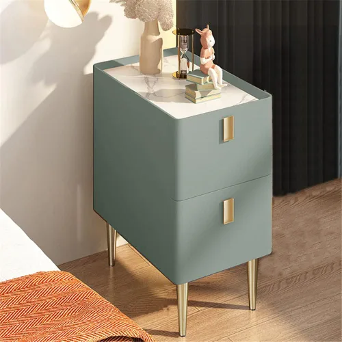 Vista 9 de Mesita de noche moderna de madera maciza con almacenamiento de 2 cajones, parte superior de mármol, práctica mesa auxiliar auxiliar para dormitorio