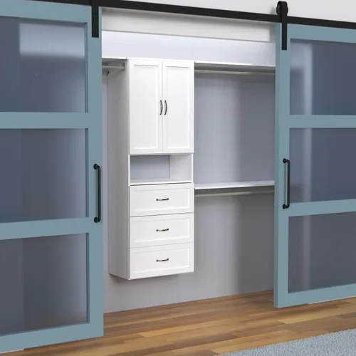 Vista 3 de ClosetMaid El kit de armario colgante SuiteSymphony incluye (1) torre, (3) barras de armario, (4) estantes, (3) estantes superiores con soportes
