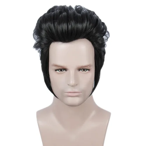 Vista 4 de Linfairy Peluca corta negra con lentes para disfraz de Halloween y cosplay para hombres