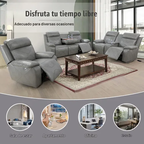 Vista 3 de Juego de sofá reclinable eléctrico con luces LED, sofá de cuero con puerto USB, muebles de sala de estar con consola de almacenamiento/portavasos
