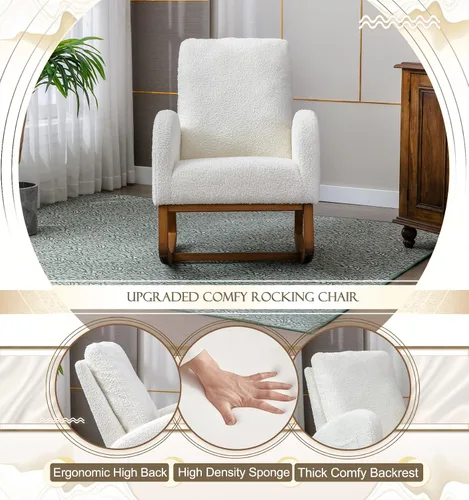 Vista 3 de Comfy - Silla mecedora tapizada para guardería o relajación, sillón de sala de estar con respaldo alto, mecedora moderna con bolsillo lateral