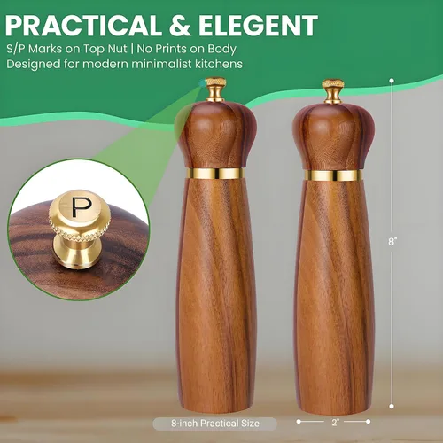 Vista 5 de Juego de molinillo de sal y pimienta de madera de acacia con base, molinillo de pimienta manual de 8 pulgadas con grosor ajustable, juego de 2