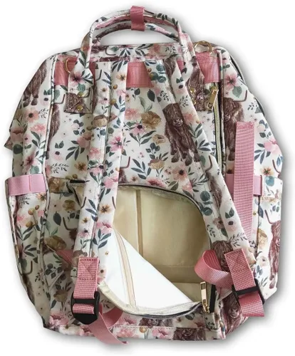 Vista 4 de Mochila de pañales de vaca de las tierras altas florales rosas