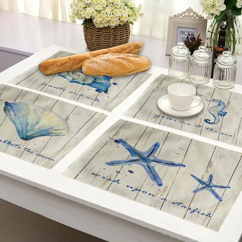 Vista 5 de Paquete de 4 manteles individuales vintage de mar, diseño de estrellas de mar, hipocampo, conchas marinas, diseño de océano, impermeables Beige