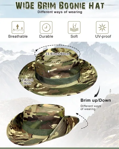 Vista 2 de 10 sombreros Boonie de ala ancha, diseño de camuflaje, protección solar UV, sombrero de pesca para hombres y mujeres, senderismo, safari, caza