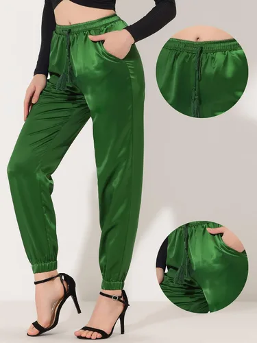 Vista 2 de Allegra K Pantalones de cintura alta para mujer, estilo casual, con cordón, longitud al tobillo, pantalones deportivos de satén, M