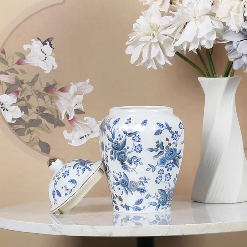 Vista 4 de Tarro de jengibre chino con tapa, estilo antiguo, decoración del hogar, retro, flores de porcelana azul y blanca, jarrón cubierto de cerámica, Tarro