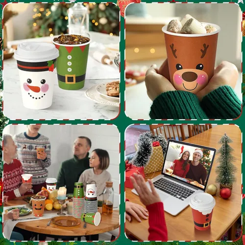 Vista 5 de 200 vasos de papel de Navidad de 12 onzas con tapas, tazas de té desechables de Navidad para bebidas frías, chocolate caliente, chocolate caliente