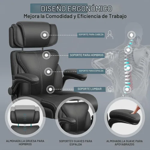 Vista 4 de Silla de oficina, silla ergonómica grande y alta para escritorio de computadora con reposacabezas ajustable retráctil, silla ejecutiva de cuero