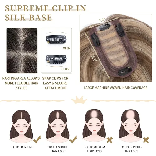 Vista 67 de Hairro Toppers de cabello humano 100% real para mujeres sin flequillo, postizos de cabello real con clip, base de seda transpirable para cubrir