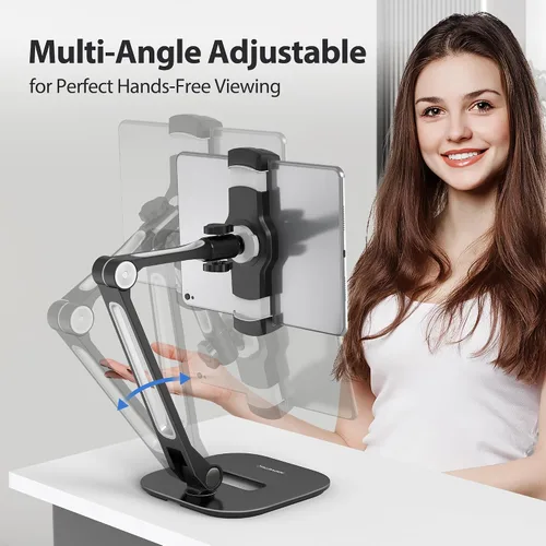 Vista 4 de AboveTEK Soporte para tableta, soporte ajustable para iPad multiángulo, soporte giratorio de 360° para iPad, soporte de escritorio de aluminio