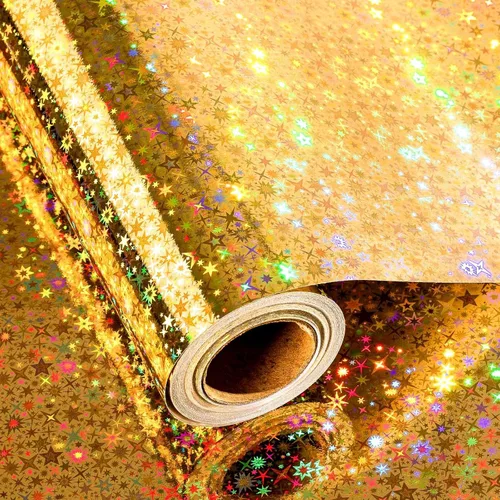 Vista 13 de Merture - Rollo de papel de regalo holográfico azul, papel de regalo azul con diseño de galaxia brillante para cumpleaños, baby shower, Navidad, día