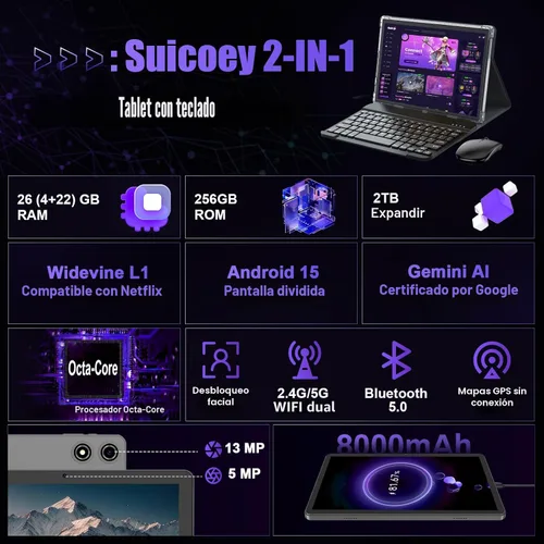 Vista 2 de Tablet Android de 10 pulgadas, tableta Android 16 2026 con teclado, 26 GB+256 GB (expansión de 2 TB), tableta Gemini AI con 8 núcleos, 8000 mAh Negro