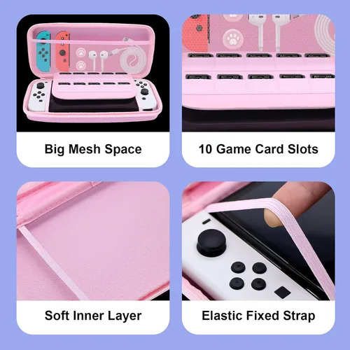 Vista 5 de Honghao Switch Case for Nintendo Accessories , Pink Carry Travel Protective Bag Case Game for Storage Switch Accessories