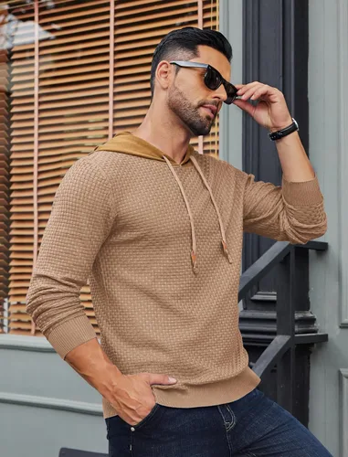 Vista 35 de COOFANDY Sudadera con capucha para hombre, casual, de manga larga, con cordón, de punto gofre, ajustada