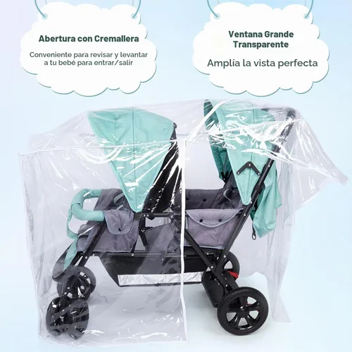 Vista 5 de Funda de lluvia doble para cochecito, protector impermeable para cochecito doble en tándem, funda de cochecito gemelos para lluvia, viento, nieve