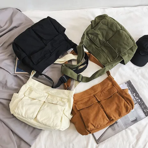 Vista 3 de Bolsa tipo mensajero, bolso cruzado grande con múltiples bolsillos de lona, bolsa de hombro para mujeres y hombres