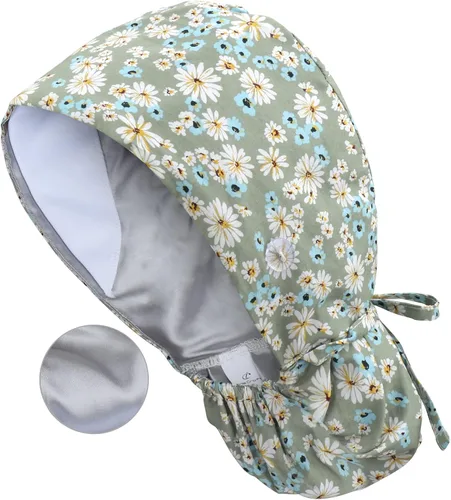 Vista 13 de QBA Gorra de trabajo ajustable con botón, gorro forrado de satén, gorro de trabajo de algodón, banda elástica para atar en la espalda, unisex
