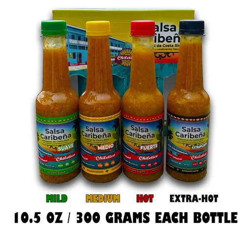 Vista 4 de Chiletico Salsa picante caribeña, nivel de calor medio hecho a mano desde Costa Rica con verduras frescas y especias naturales, sabor gourmet