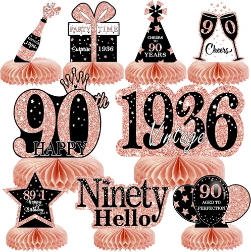 Vista 40 de 9 piezas de decoración de cumpleaños negro dorado 16 centros de mesa de panal para niños y niñas, centros de mesa de feliz cumpleaños 16 Oro negro 16
