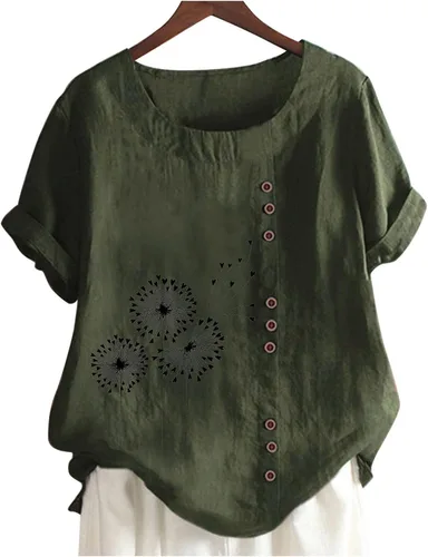 Vista 3 de Camisetas de algodón de talla grande para mujer, manga corta, 4X, camisetas de gran tamaño, con estampado de diente de león, blusa con cuello