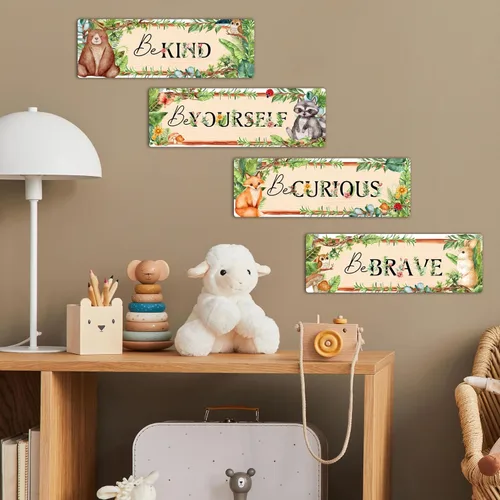 Vista 6 de Letrero de madera para decoración de pared de habitación de niños, 4 piezas, 11.8 x 3.9 pulgadas, animales de safari en la selva, arte de pared