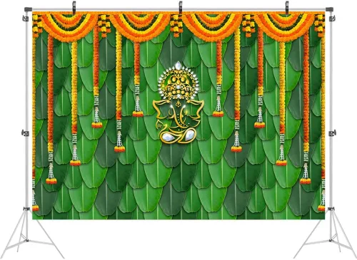 Vista 2 de Ticuenicoa India Pooja - Telón de fondo tradicional de 7 x 5 pies, hojas de plátano, color verde, Chatiya Ganesh, fondo de fotografía de Puja