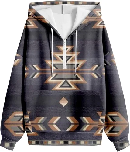 Vista 4 de LTTVQM Sudadera con capucha azteca para mujer, estilo étnico occidental, estampado geométrico, cordón de ajuste, casual, ajuste holgado
