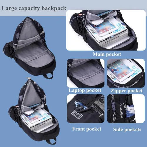 Vista 4 de Mildame Mochila con ruedas para niños, mochila escolar con ruedas, Graffiti blanco y negro 2 ruedas