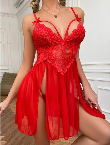 Vista 3 de Conjunto de lencería sexy de encaje para mujer, conjunto de ropa interior hueca, color sólido, cuello en V profundo, traje dividido