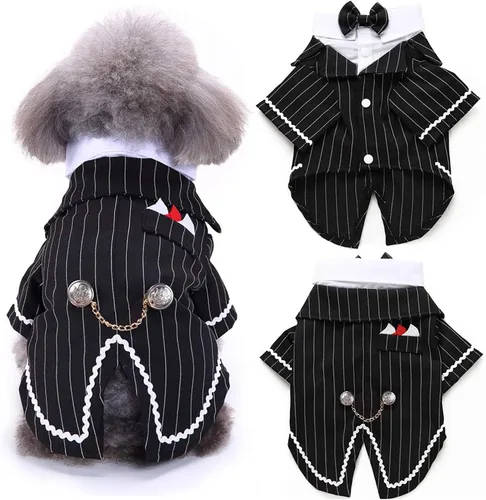 Vista 7 de QBLEEV Esmoquin para perros pequeños, conjunto de traje y bandana, traje de boda con corbatín, disfraz formal de esmoquin para Halloween, Navidad