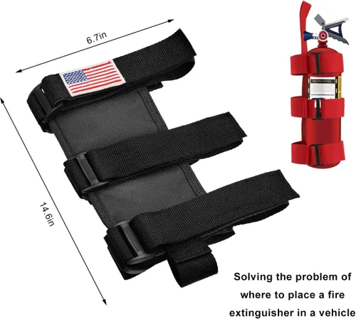 Vista 2 de Soporte para extintor de barra enrollable Ohleats, correa ajustable para extintor de incendios con patrón de bandera americana, accesorios