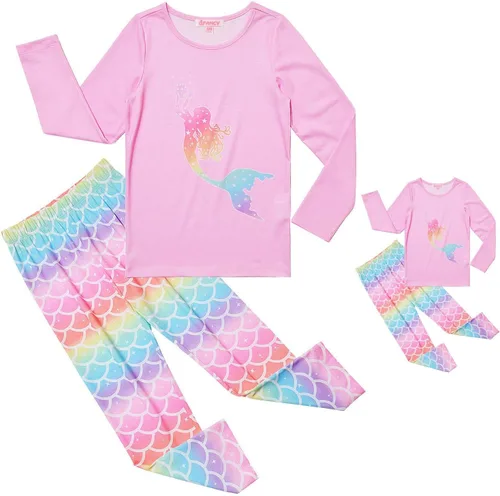 Vista 15 de QPANCY Conjunto de pijamas a juego para niñas y muñecas, pijamas de manga larga para otoño e invierno