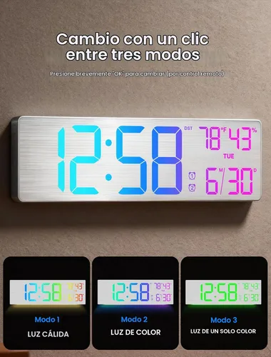 Vista 4 de MASHI Reloj de pared digital grande de 18.5", con control remoto, doble alarma con gran pantalla LED, 10 niveles de brillo ajustable, DST, fecha