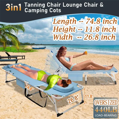 Vista 3 de H&ZT Silla de salón plegable con abertura para la cara – Silla reclinable ajustable para bronceado al aire libre con colchón, silla de sol