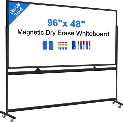 Vista 8 de Max-officoo Pizarra Blanca Grande de Borrado en Seco con Soporte Rodante 72"x48" Pizarra Blanca Magnética Móvil de Doble Cara sobre Ruedas, Incluye