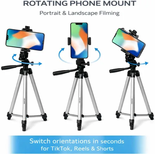 Vista 2 de Acuvar Trípode de teléfono de 50 pulgadas con soporte giratorio, filmación vertical y horizontal para iPhone y Android, trípode ligero de aluminio