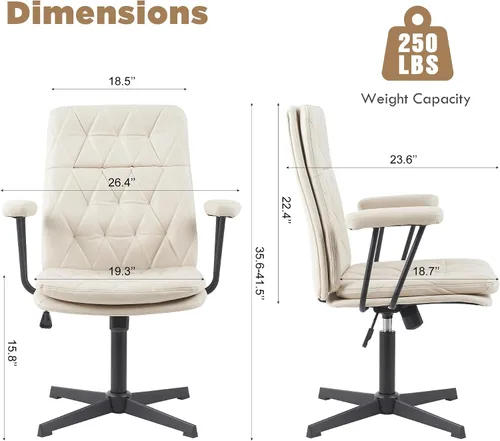 Vista 2 de Silla de escritorio sin ruedas, silla giratoria de oficina en casa con patas cruzadas Sillón de acento sólido blanco crema