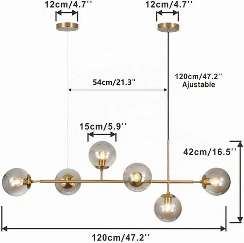 Vista 2 de KCO Lighting Lámpara de Araña Sputnik Moderna de Globo de 6 Luces Latón Dorado Lámpara de Araña Colgante Lineal Iluminación de Cristal Ahumado
