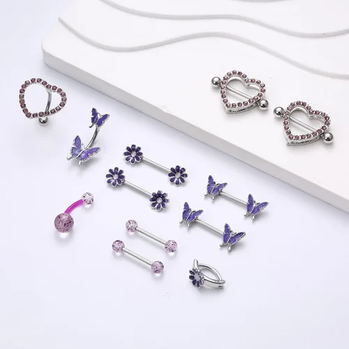 Vista 5 de ORAZIO Anillos de pezón de acero quirúrgico 14G para mujer, anillo de ombligo de mariposa, margarita, flor, pezón, barras de pezón, circonita