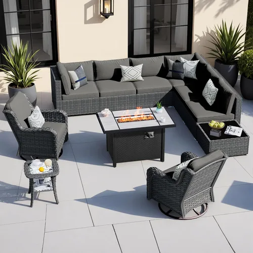 Vista 31 de HOOOWOOO Juego de sofá modular para patio al aire libre, 7 piezas en forma de U, juego de sofá de mimbre rústico para 6 personas, juego de Beige